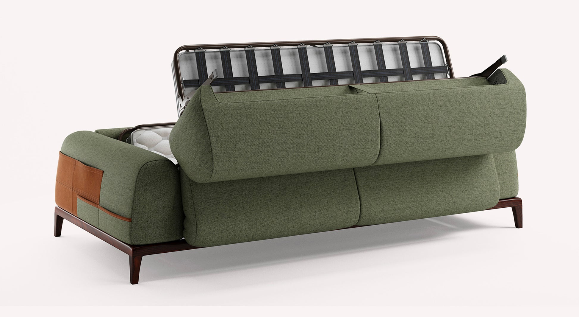 Canapé convertible Darren en tissu vert Foster avec accoudoirs en cuir marron, structure en bois, vu de dos avec le mécanisme de lit visible