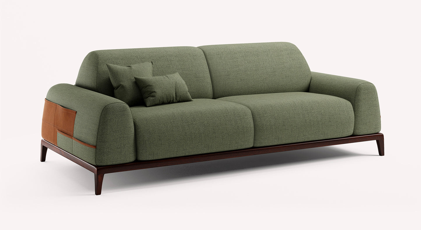 Canapé convertible Darren en tissu vert Foster avec accoudoirs en cuir marron, design moderne et pieds en bois foncé