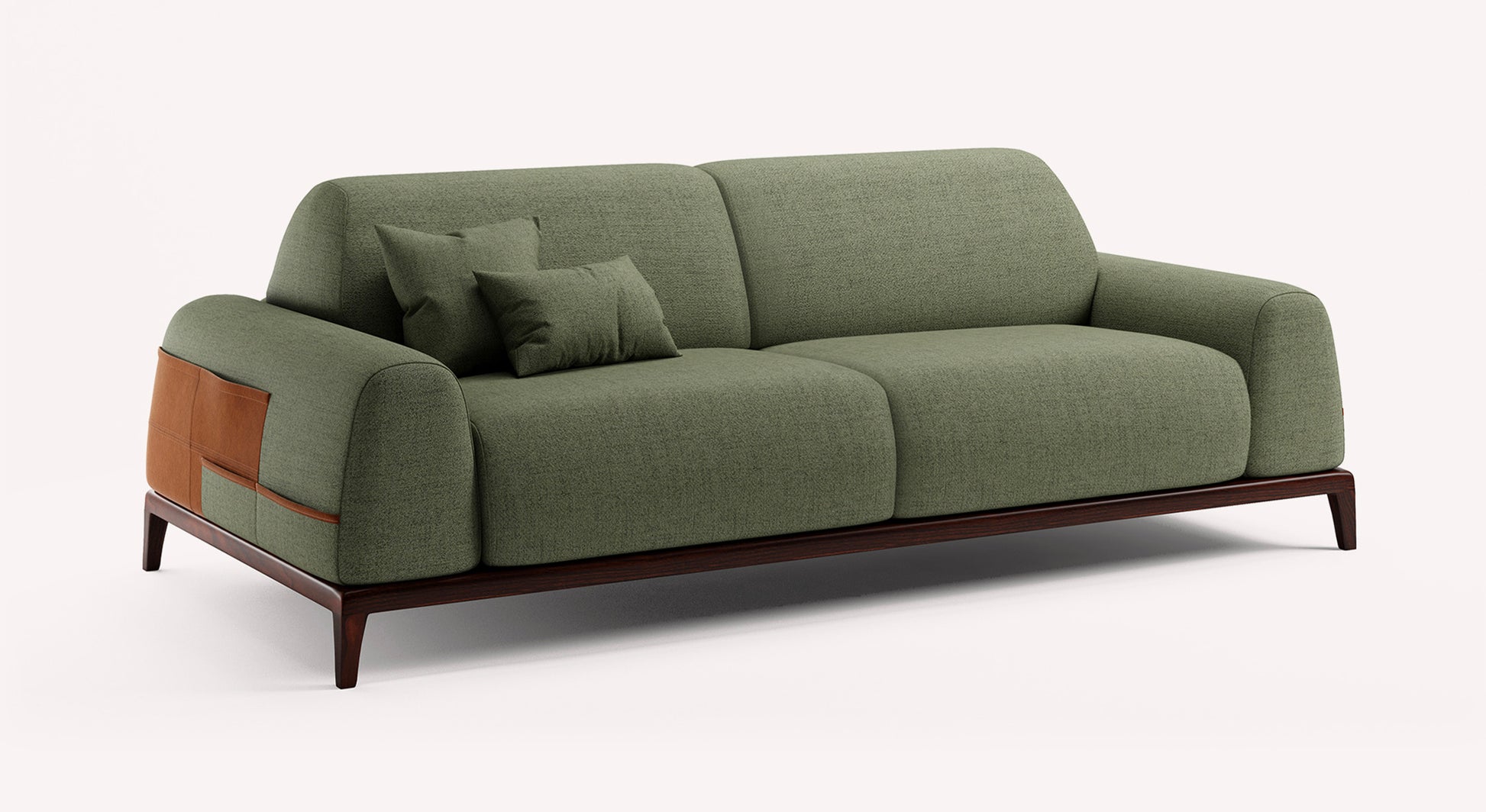 Canapé convertible Darren en tissu vert Foster avec accoudoirs en cuir marron, design moderne et pieds en bois foncé