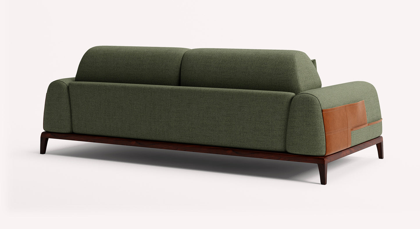 Canapé convertible Darren en tissu vert Foster Winter Moss, avec accoudoirs et pieds en bois, vue arrière