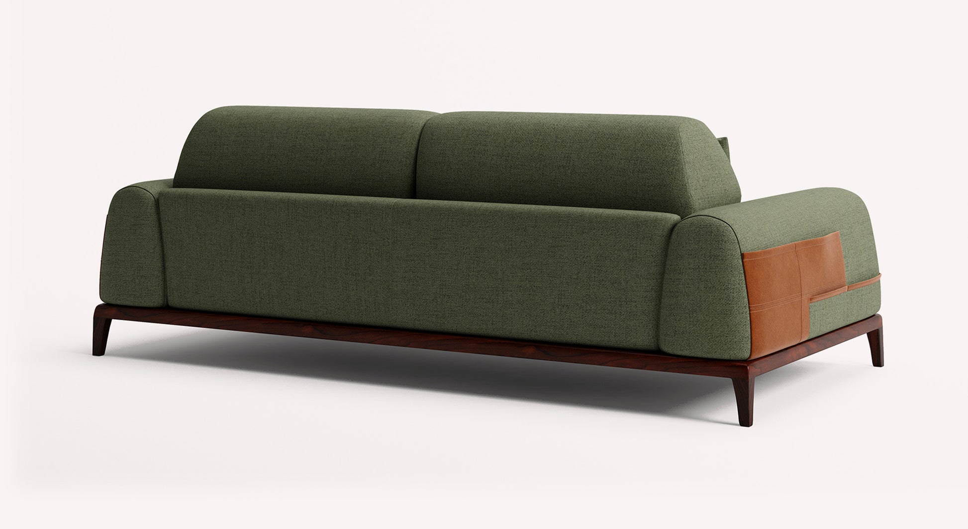 Canapé convertible Darren en tissu vert Foster Winter Moss, avec accoudoirs et pieds en bois, vue arrière