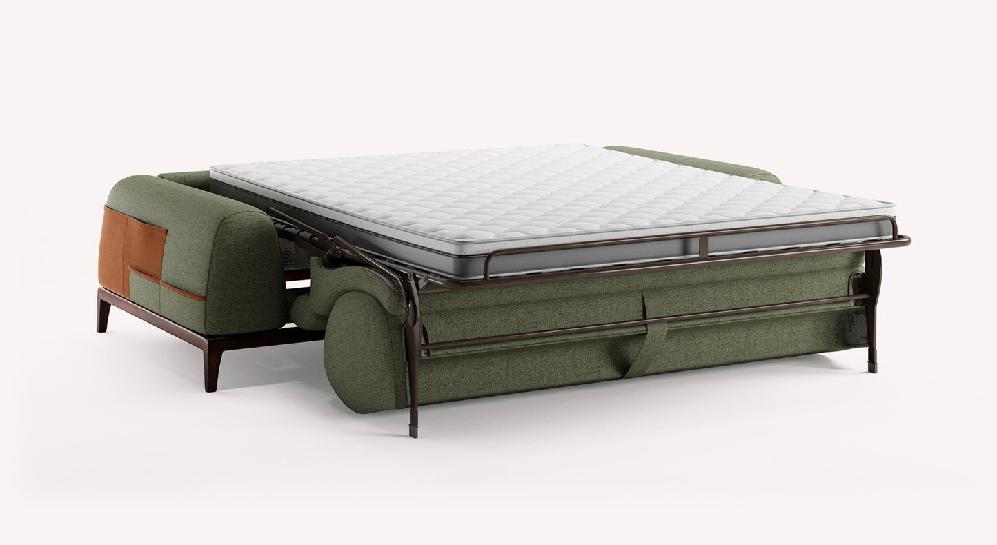 Canapé convertible Darren en tissu vert avec matelas visible, design moderne et accoudoirs marron