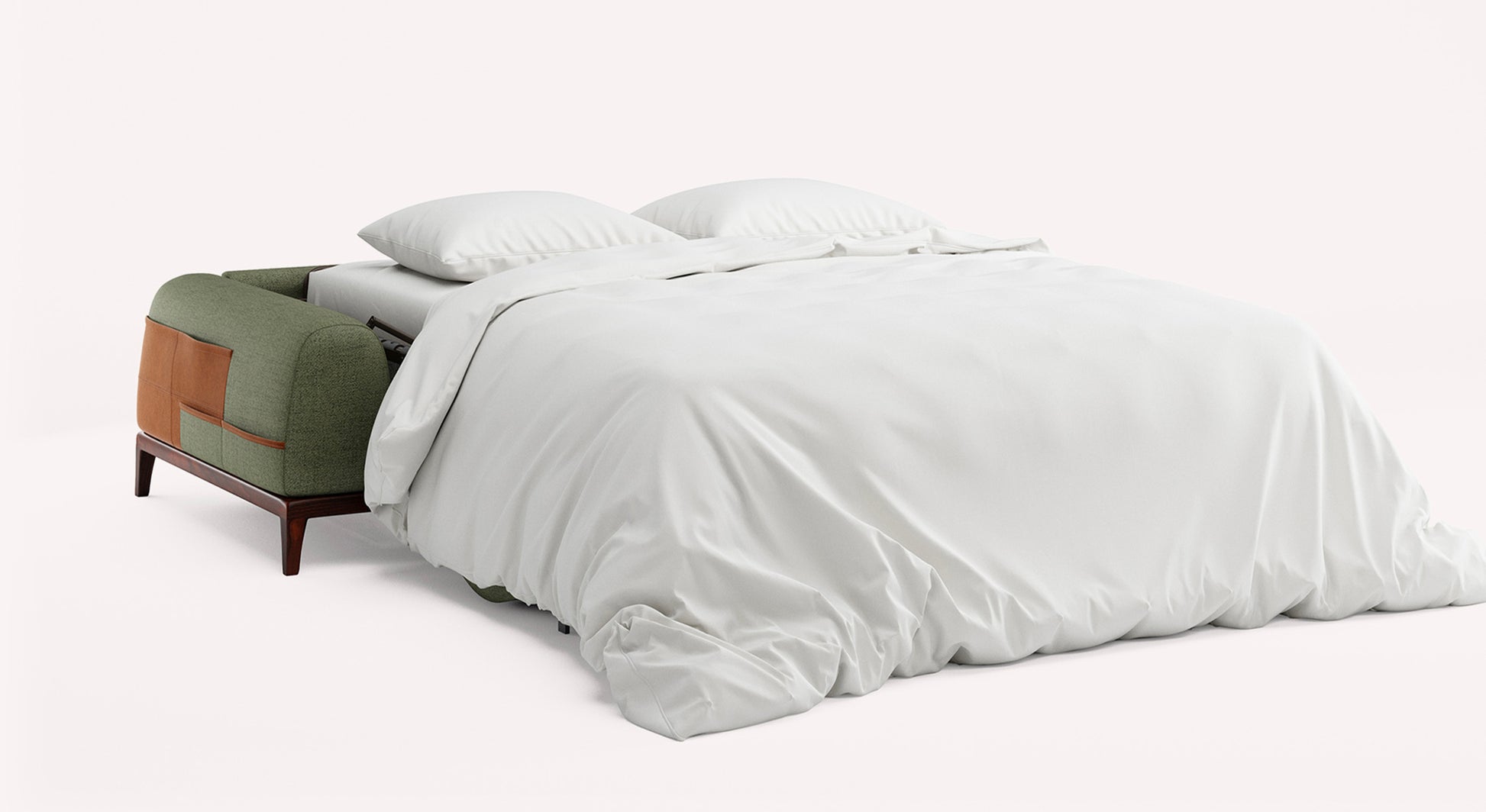 Canapé convertible Darren ouvert, tissu Foster Winter Moss, avec draps blancs