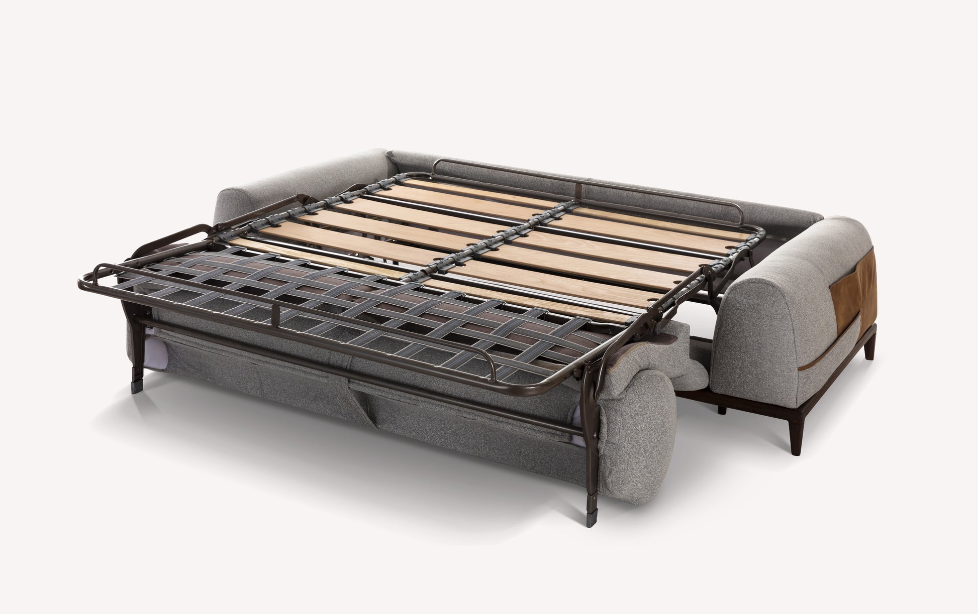 Canapé convertible Darren en tissu gris, mécanisme de sommier déplié, vue arrière