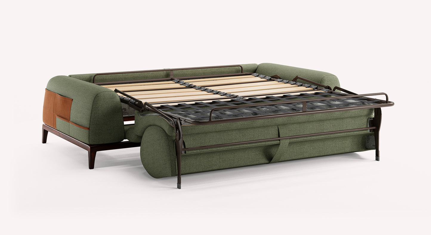 Canapé convertible Darren en tissu vert avec sommier déplié, accoudoirs en cuir marron, design moderne