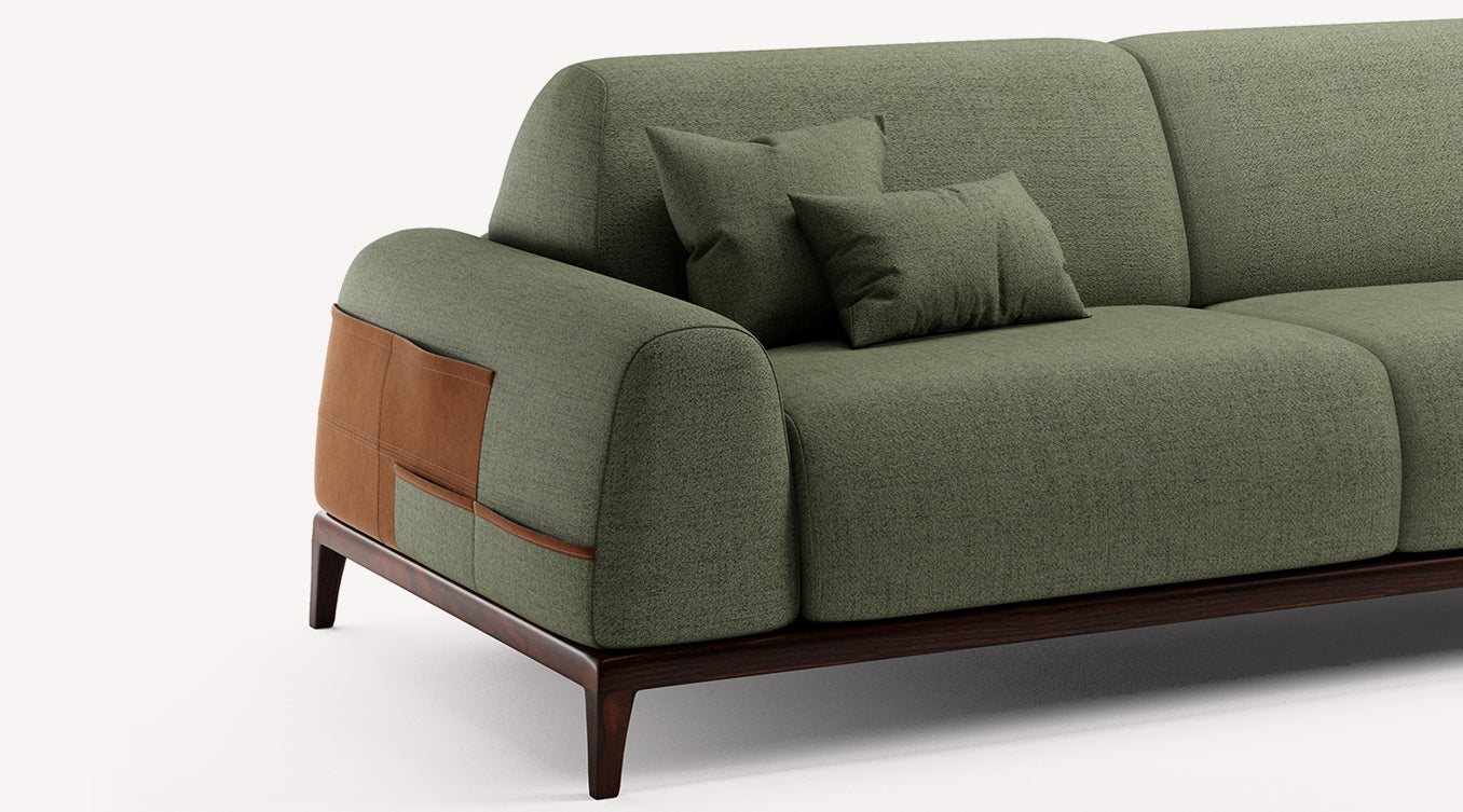 Canapé convertible Darren en tissu vert Foster avec accoudoirs en cuir marron et pieds en bois foncé, coussins assortis inclus