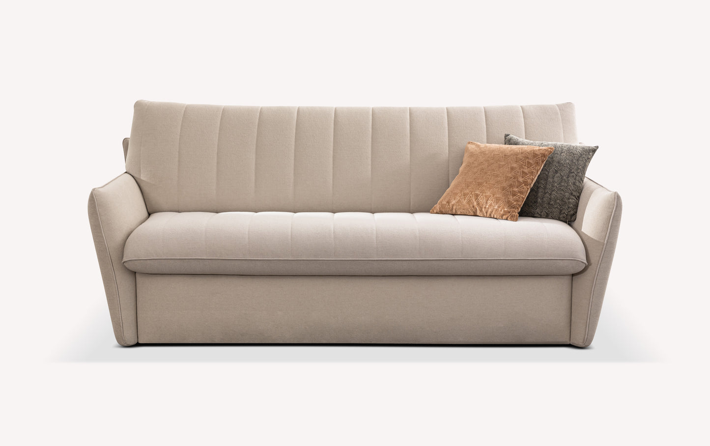 Canapé convertible Dita en tissu beige avec coussins décoratifs marron et gris