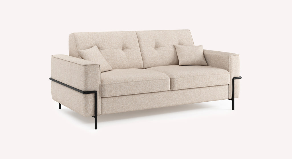 Canapé convertible Eddy en tissu Austin ivoire, design moderne avec accoudoirs et coussins assortis