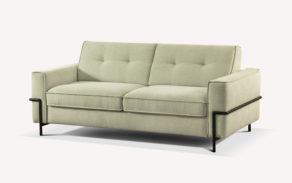 Canapé convertible Eddy en tissu Nuvole eucalyptus, design moderne avec accoudoirs et pieds en métal noir
