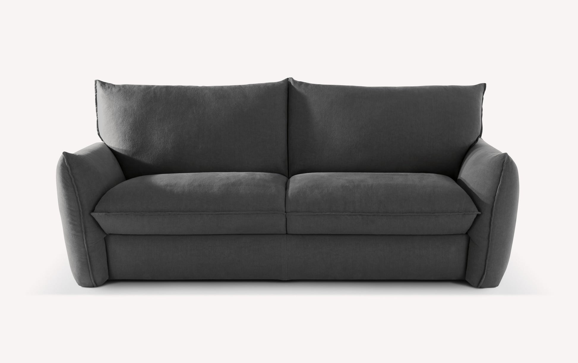 Canapé convertible en tissu gris foncé, modèle Eliet, avec accoudoirs rembourrés, présenté sur fond blanc