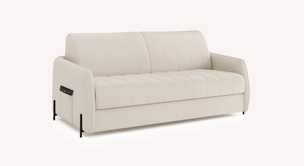 Canapé convertible Horus en tissu velours mat couleur avoine, design moderne avec accoudoirs arrondis et pieds noirs