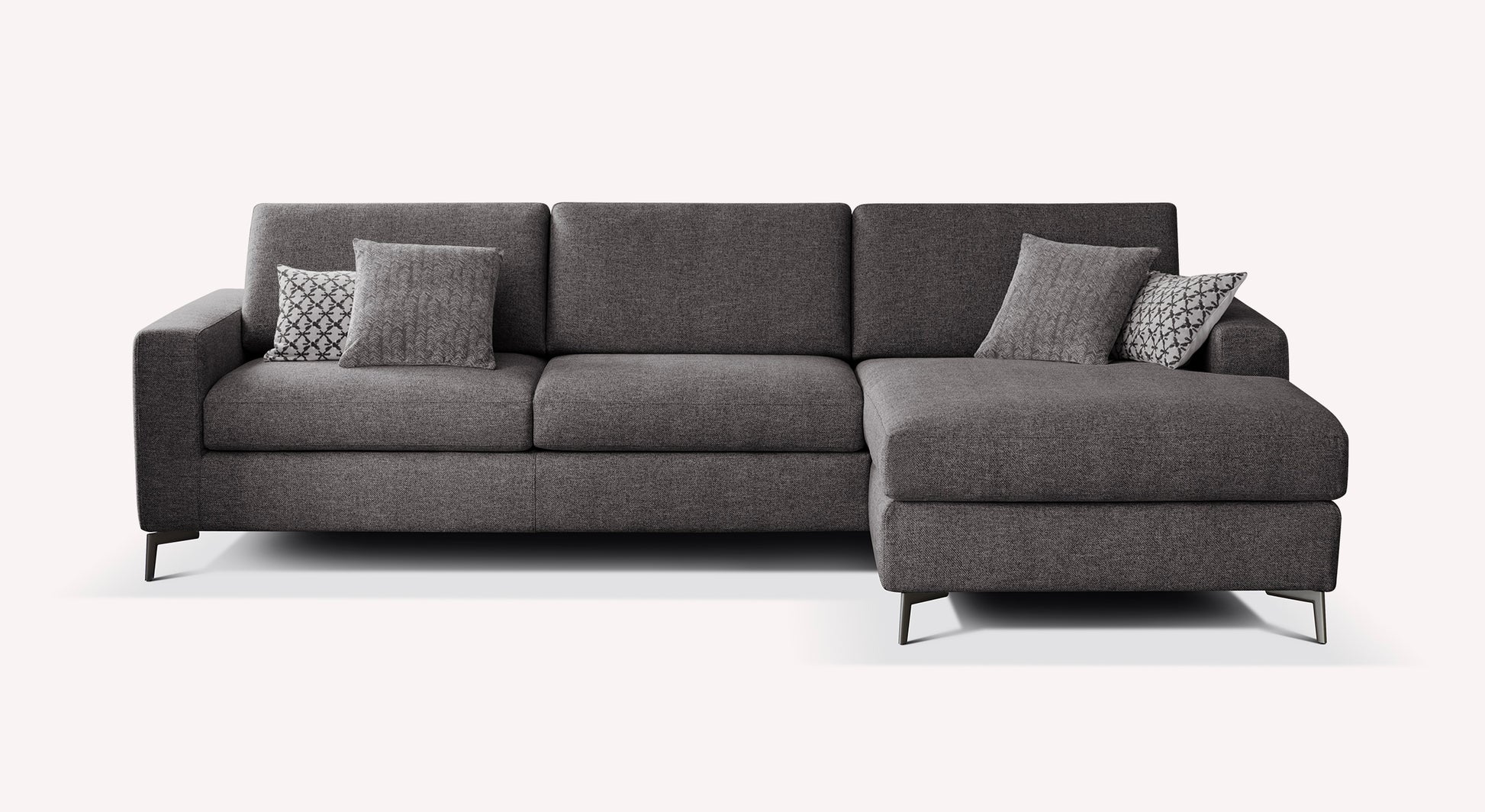 Canapé d'angle convertible en tissu anthracite, modèle Lisbona, avec coussins décoratifs à motifs géométriques