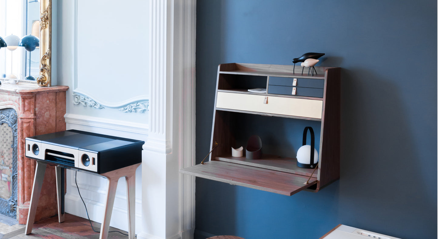 GASTON Secretary Desk Walnut Walnut Brass Brushed Petrol Blue