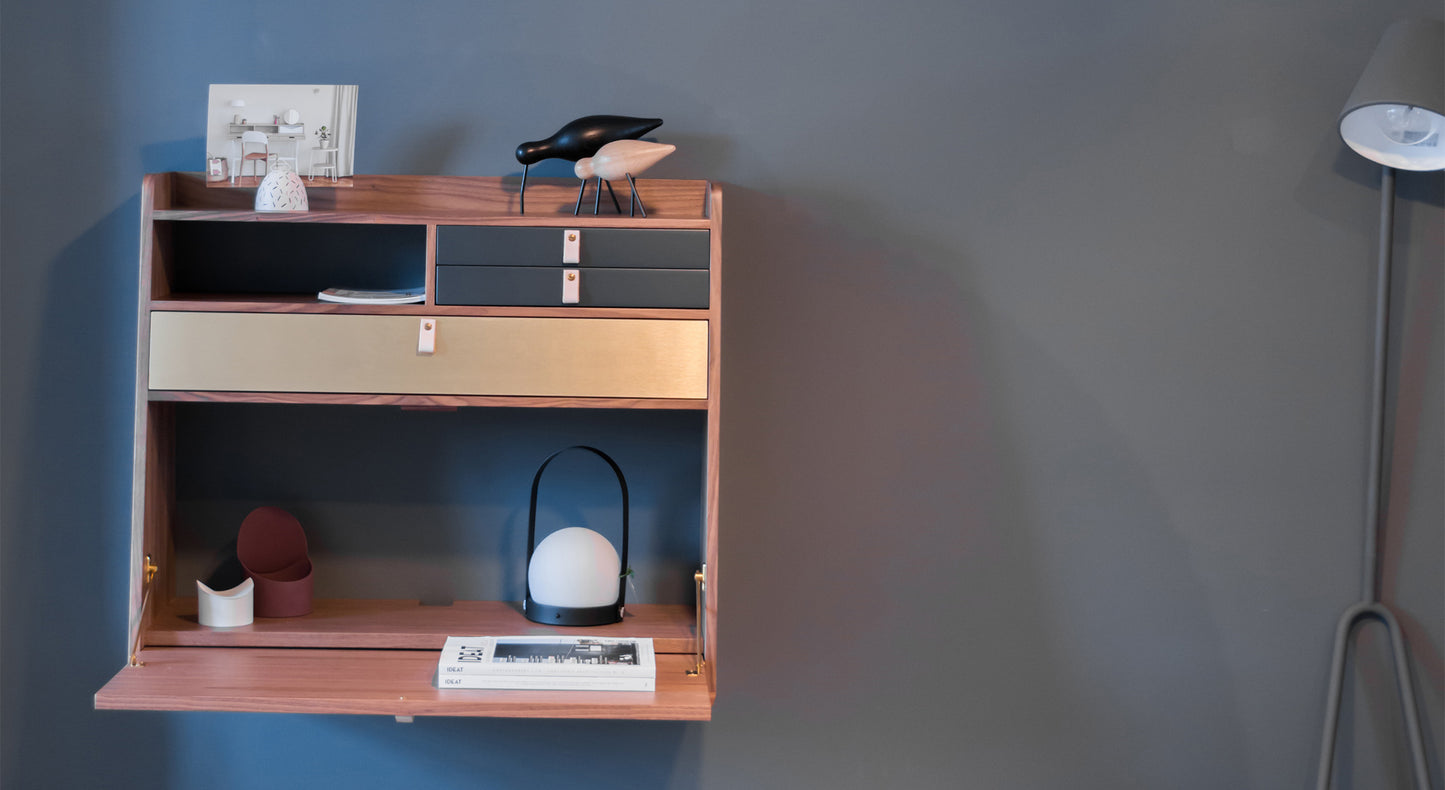 GASTON Secretary Desk Walnut Walnut Brass Brushed Petrol Blue