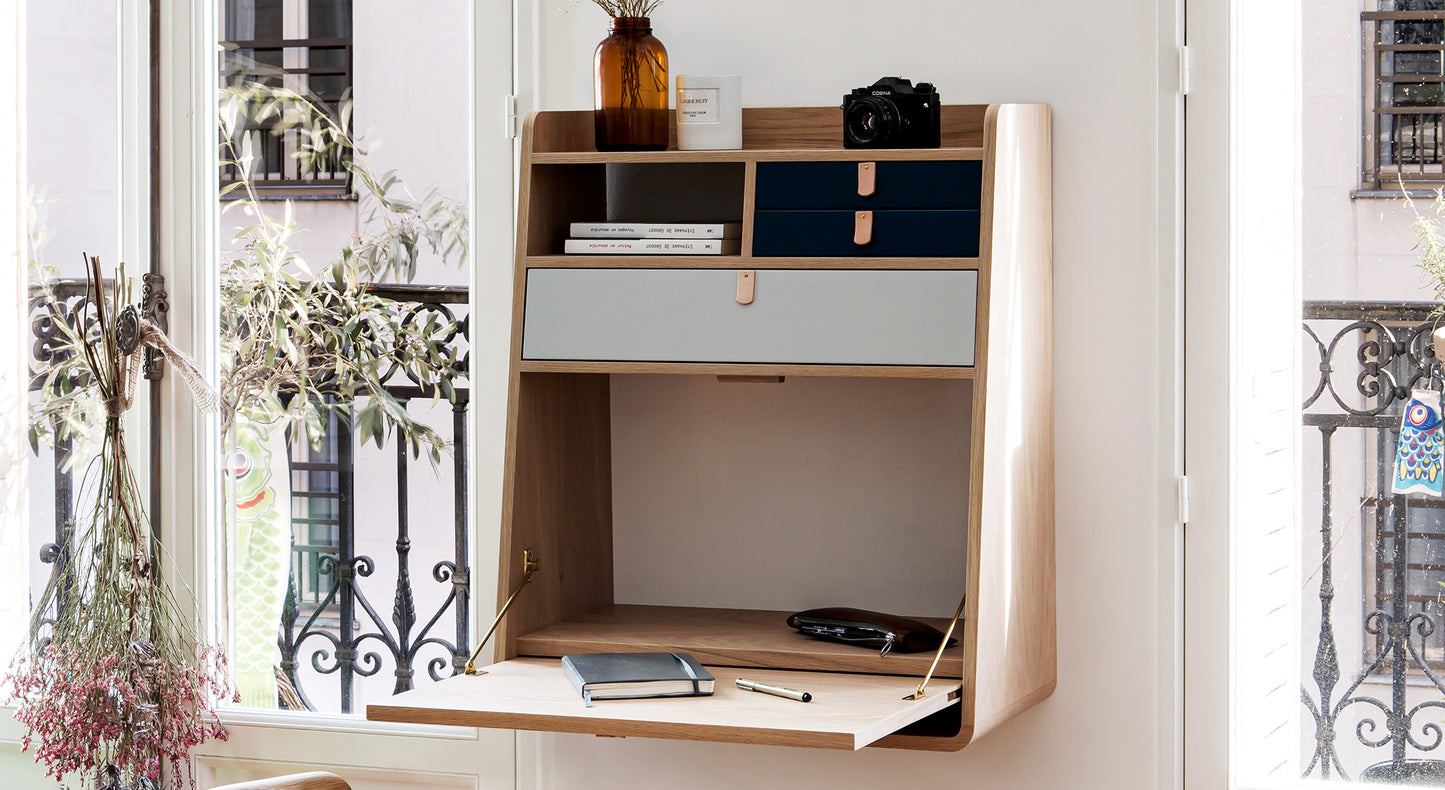 Secretary desk GASTON Oak Light Gray Slate Gray