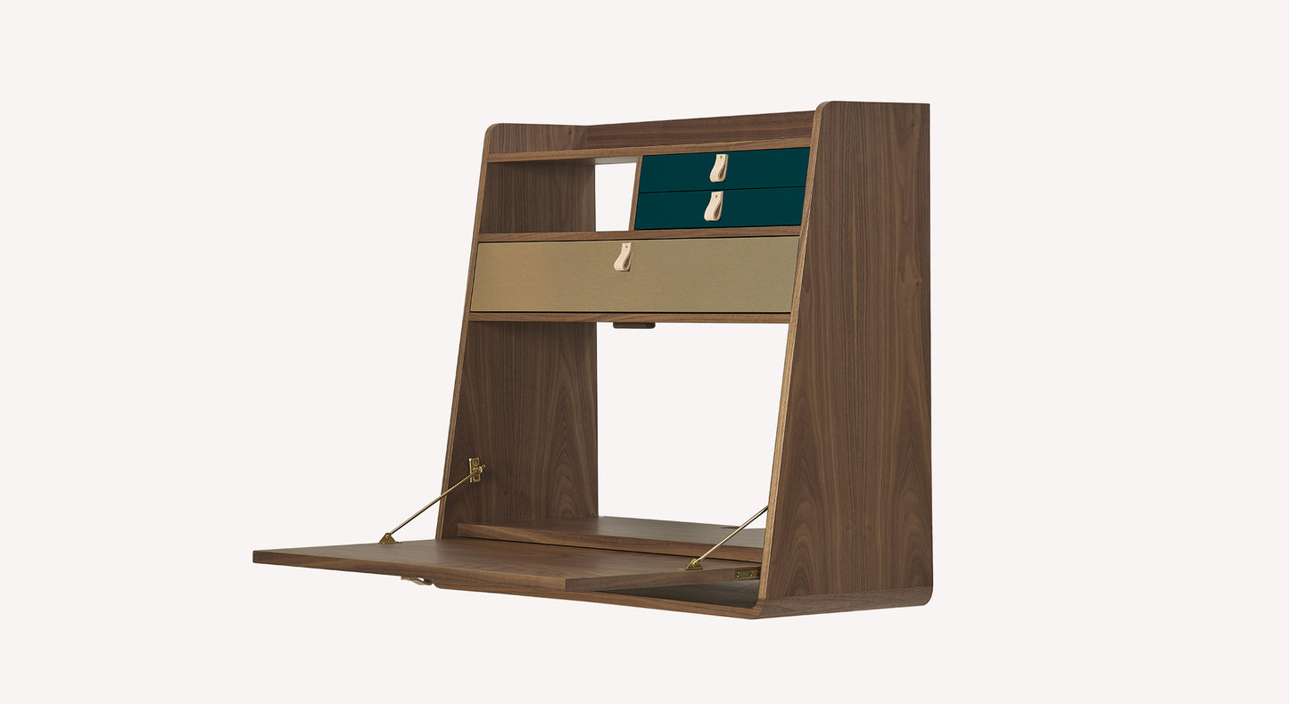 GASTON Secretary Desk Walnut Walnut Brass Brushed Petrol Blue