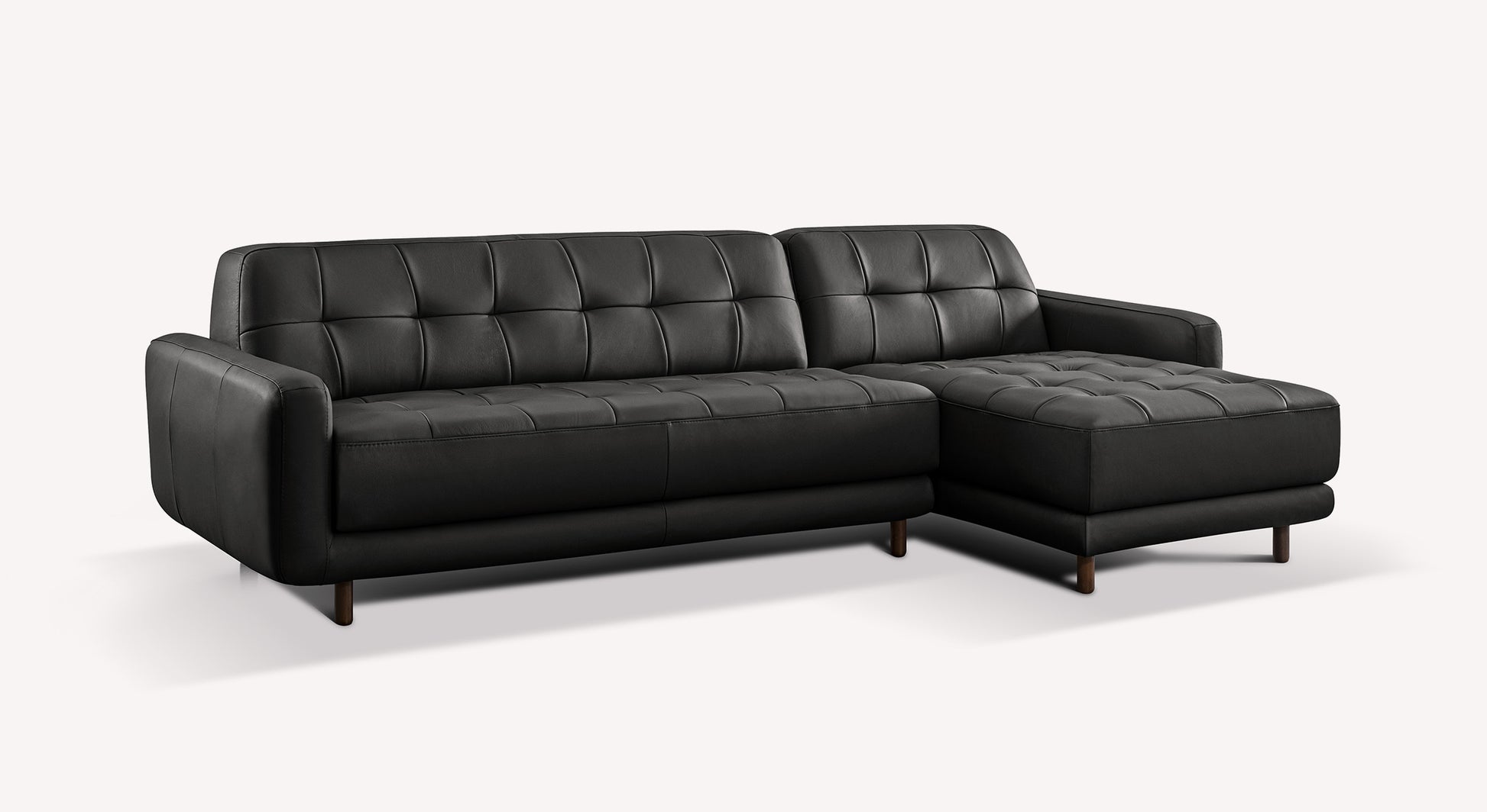 Canapé d'angle Clark en cuir noir Sydney, design moderne avec accoudoirs et coussins capitonnés