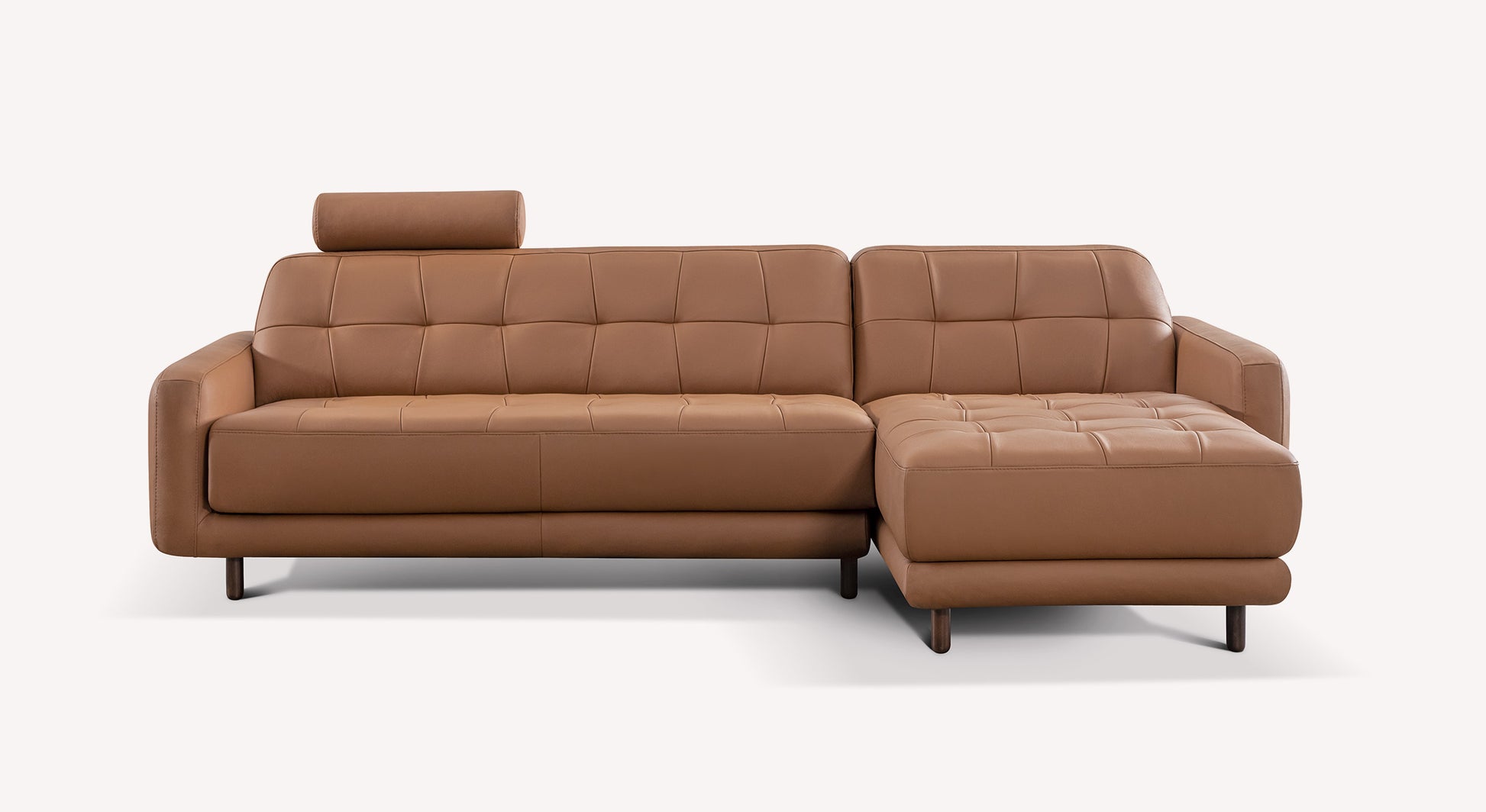 Canapé d'angle convertible en cuir marron, modèle Clark Sidney23, avec appuie-tête et pieds en bois