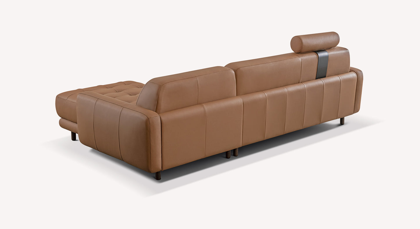 Canapé d'angle convertible en cuir marron, modèle Clark Sidney23, avec appuie-tête cylindrique et design moderne