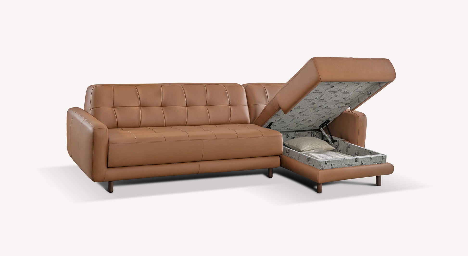 Canapé convertible d'angle en cuir marron avec rangement ouvert, modèle Clark Sidney