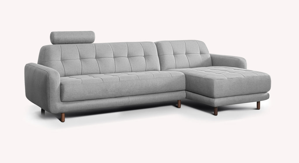 Canapé d'angle convertible gris Clark Foster avec accoudoirs arrondis et repose-tête, design moderne et pieds en bois