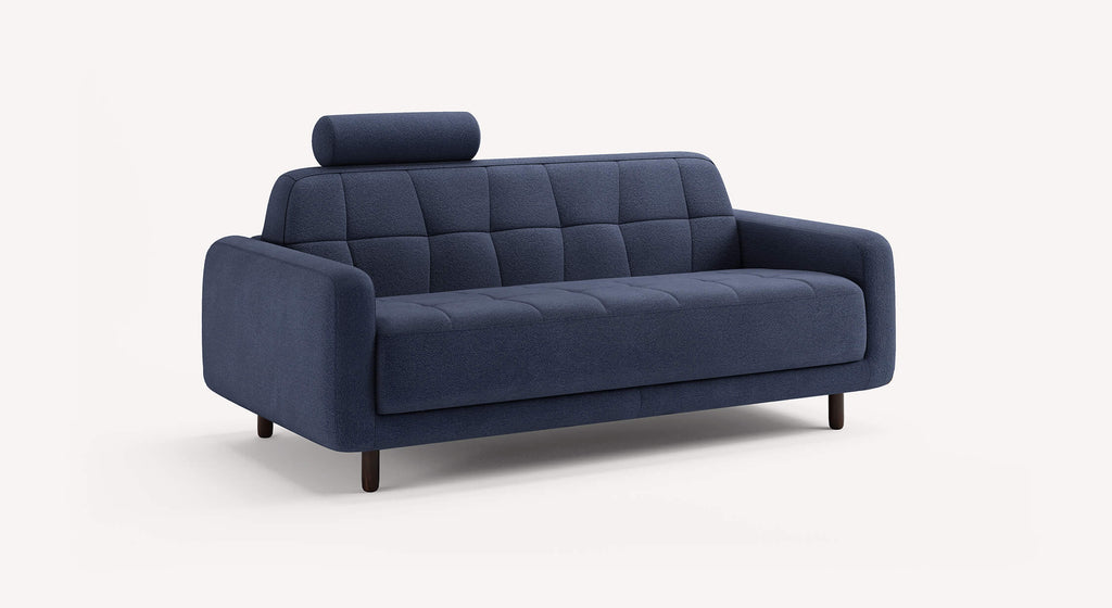 Canapé convertible Clark en tissu bleu nuit avec appuie-tête, design moderne et pieds en bois