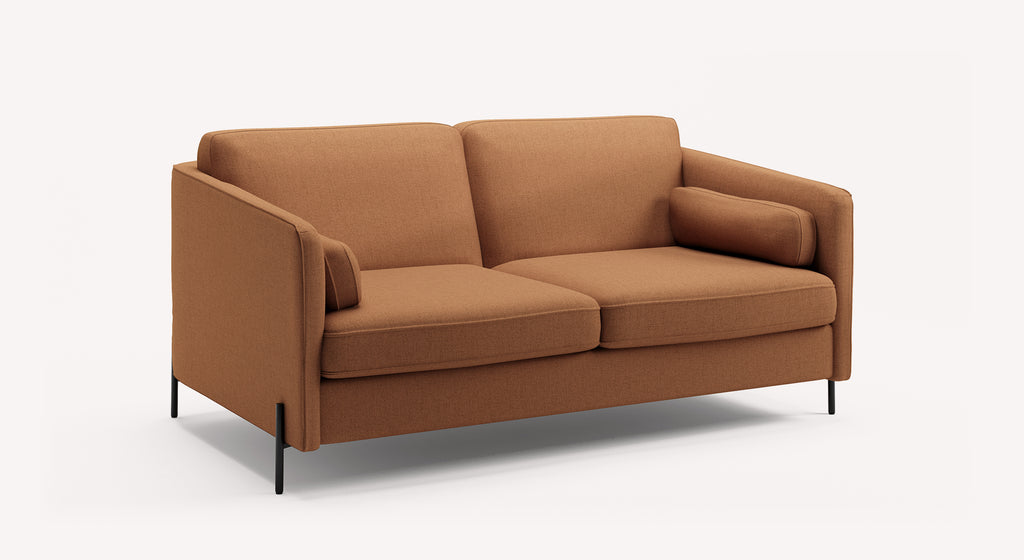 Canapé convertible en tissu couleur cuivre avec accoudoirs et pieds noirs, modèle Lapp