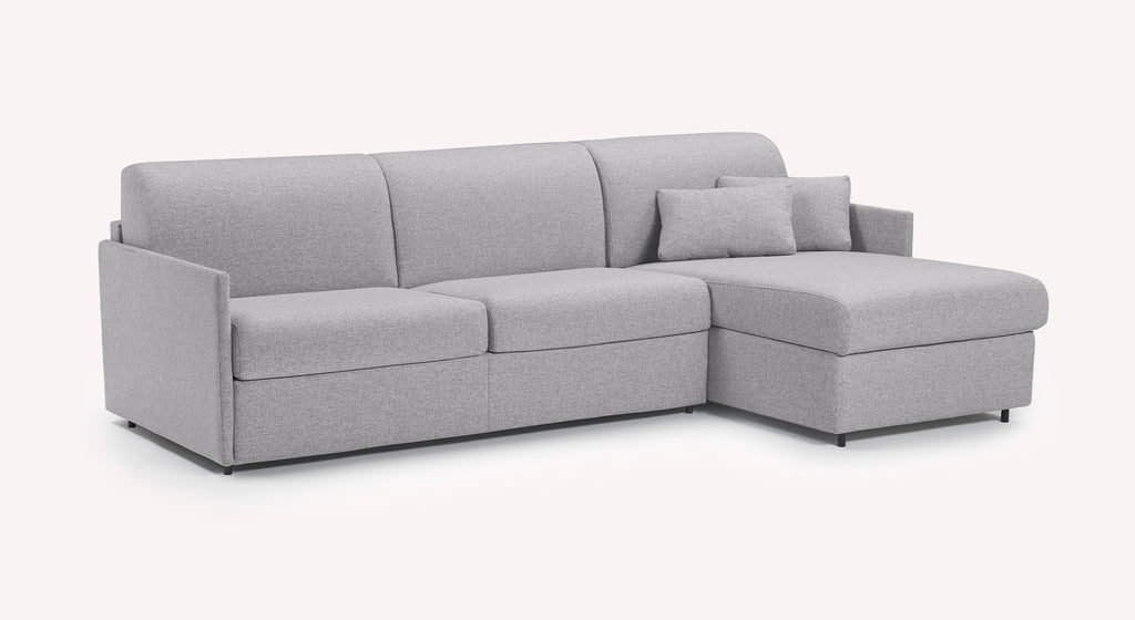 Canapé convertible d'angle compact "Jerry" en tissu gris argenté, modèle Denver, avec coussins assortis