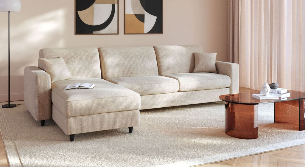 Canapé d'angle droit design 3 places en tissu effet velours texturé Canapé d'angle droit design 3 places en tissu effet velours texturé