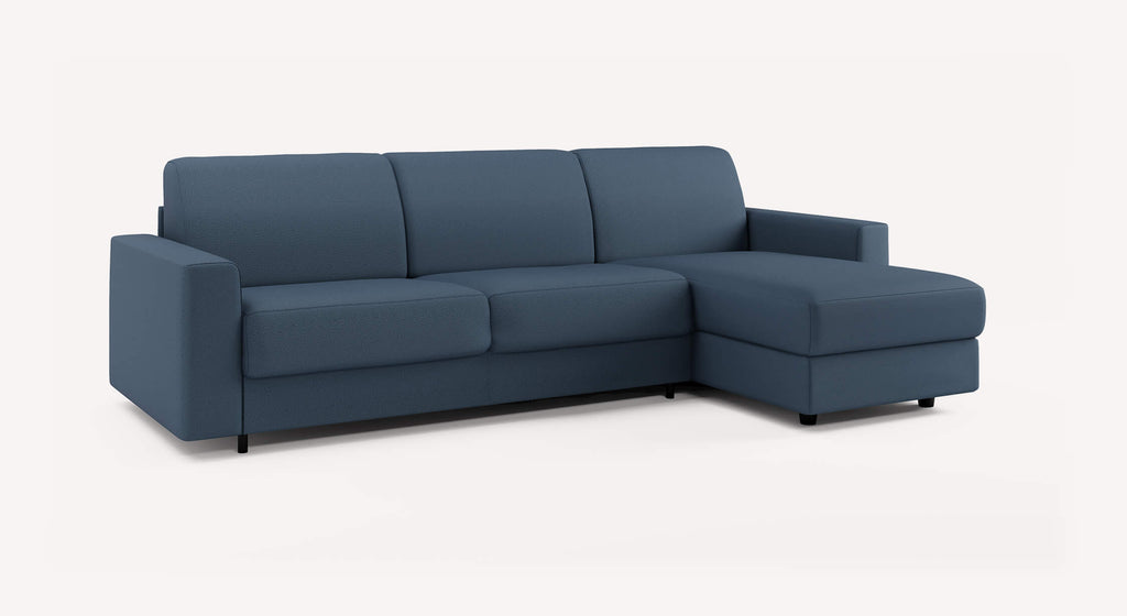 Canapé convertible d'angle Alix en tissu denim bleu, modèle Luna, avec méridienne à droite