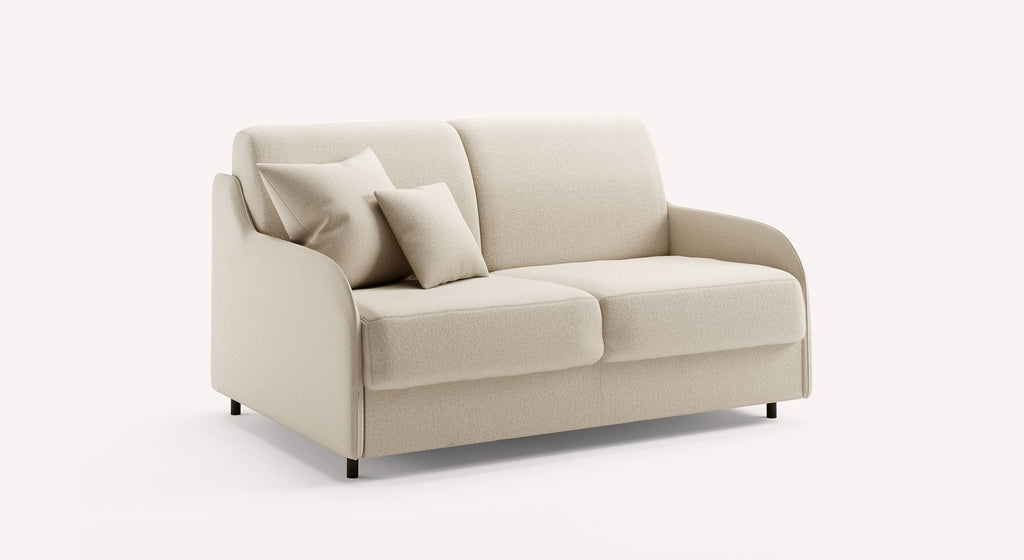 Canapé convertible Alix en tissu ivoire avec deux coussins, design moderne et épuré