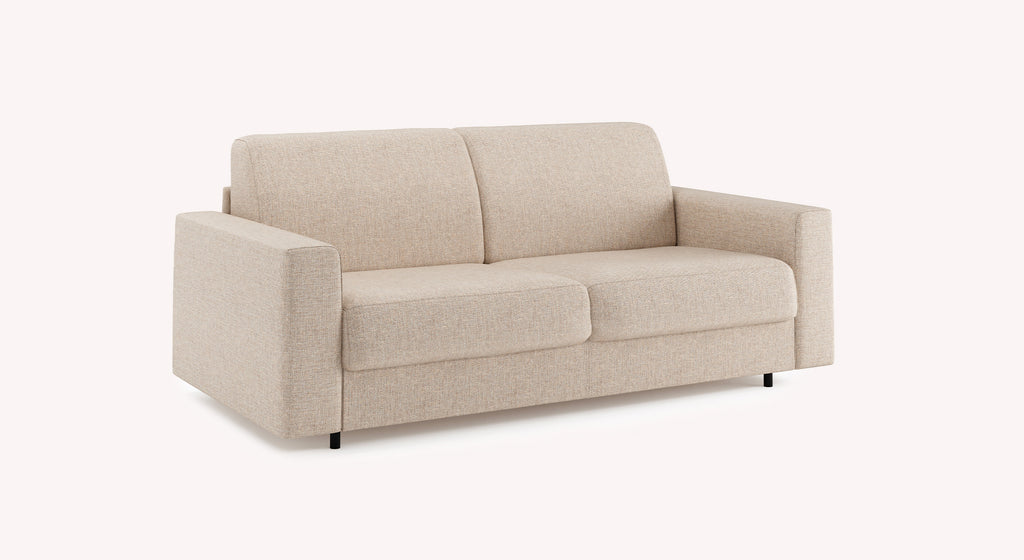 Canapé convertible Alix en tissu Denver naturel, design moderne avec accoudoirs épais et pieds noirs