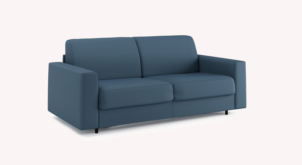 Canapé convertible Alix en tissu denim bleu, design moderne avec accoudoirs larges