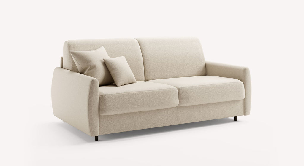 Canapé convertible Alix Ovale en tissu ivoire avec deux coussins assortis, design moderne et épuré