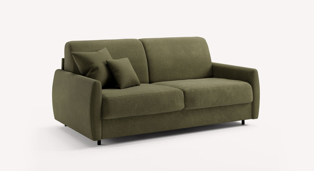 Canapé convertible Alix ovale en tissu kaki avec deux coussins assortis, design moderne et épuré