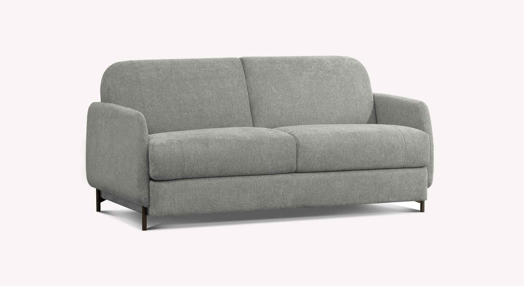 Canapé convertible ECHO Aragon Etain en tissu gris clair avec assise et dossier rembourrés, design moderne et pieds métalliques noirs.