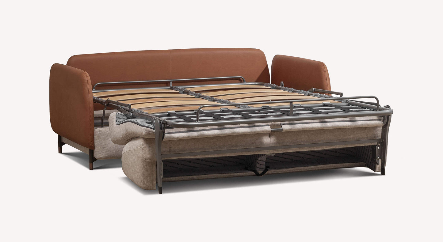 Canapé convertible Niaechotis en tissu ivoire et cuir marron, modèle Echo Aragon, avec structure de lit dépliée