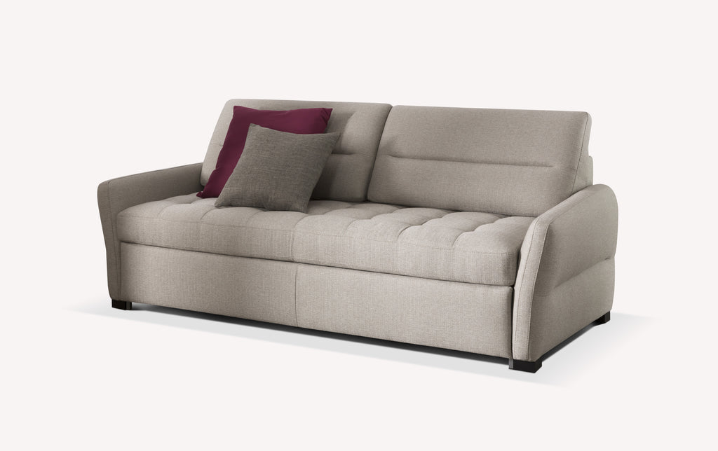 Canapé convertible Gemini en tissu beige avec coussins bordeaux et gris