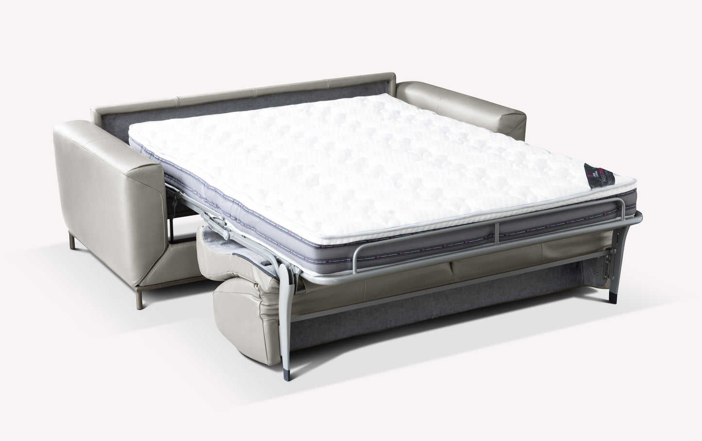 Canapé convertible Gustave en cuir gris moyen avec matelas déplié, design moderne et fonctionnel