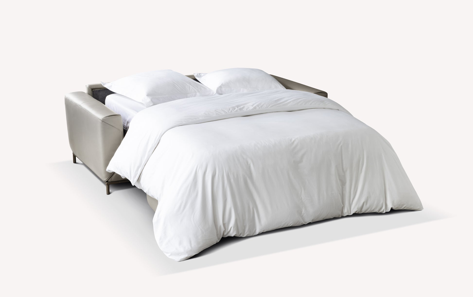 Canapé convertible Gustave ouvert en tissu cuir Papua gris moyen, avec literie blanche