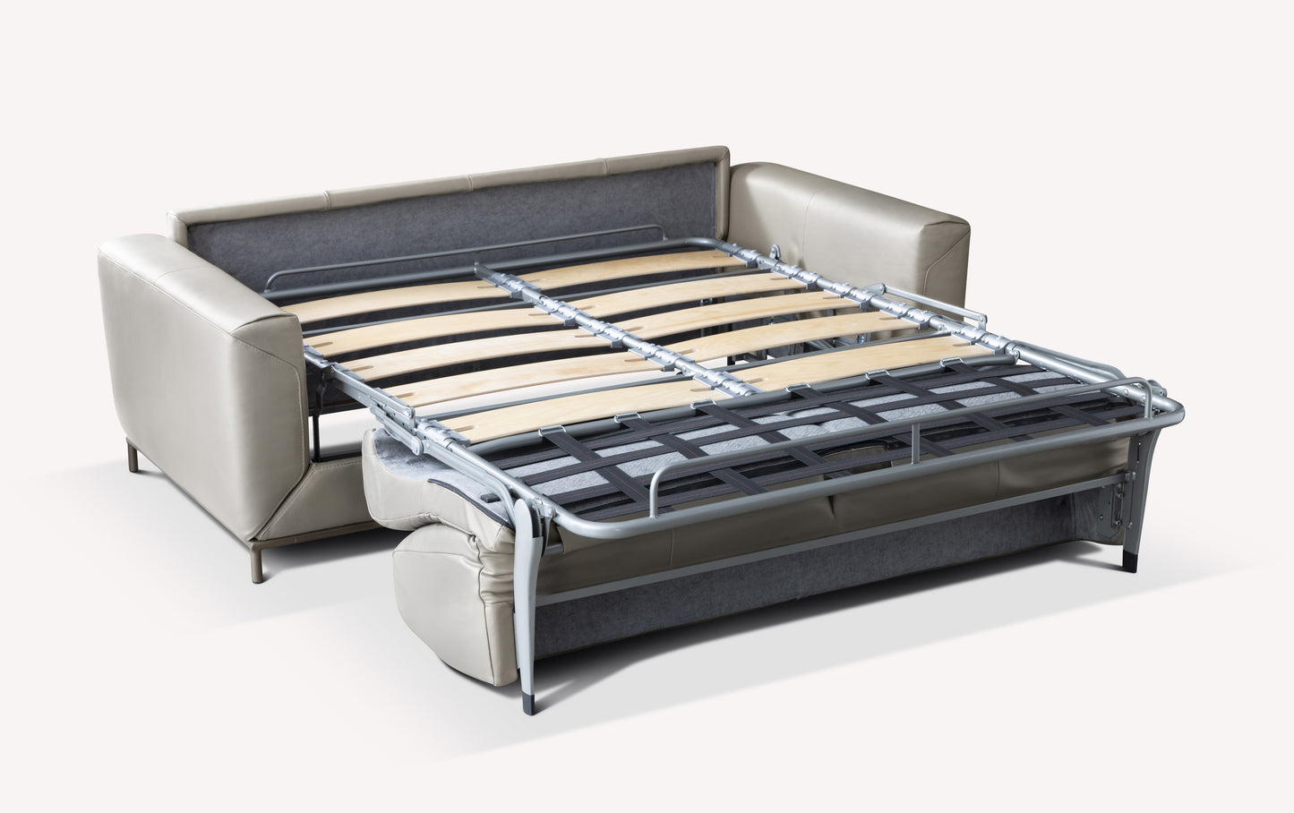 Canapé convertible Gustave en tissu cuir Papua gris moyen, structure dépliée montrant le sommier à lattes