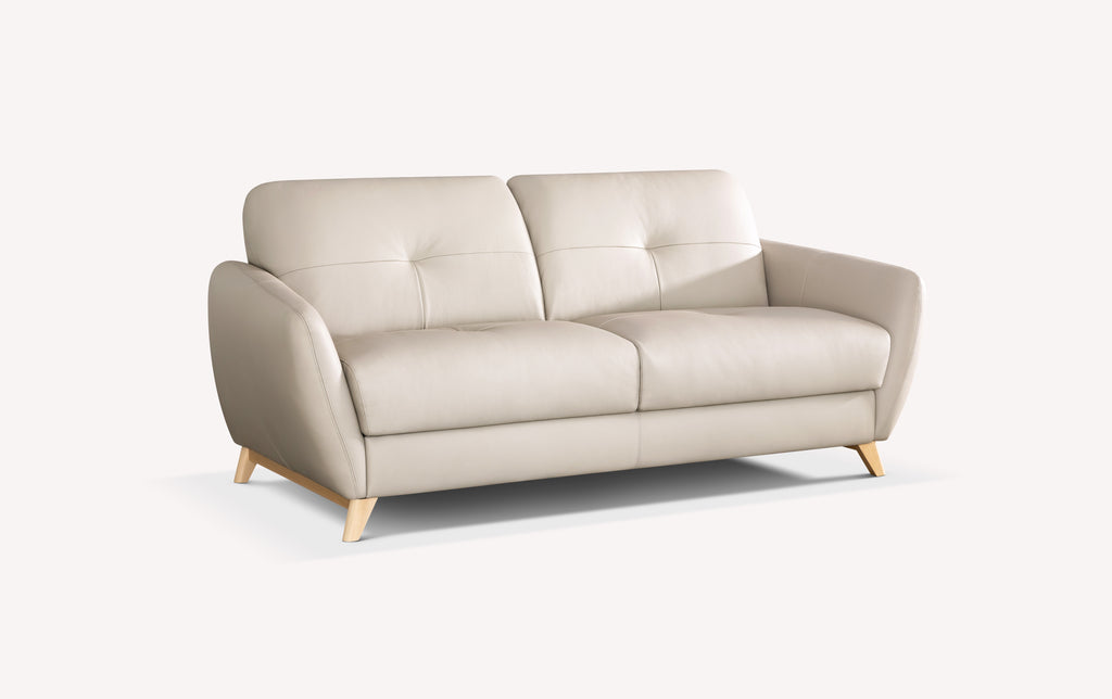 Canapé convertible en cuir beige royal avec pieds en bois, modèle Moba