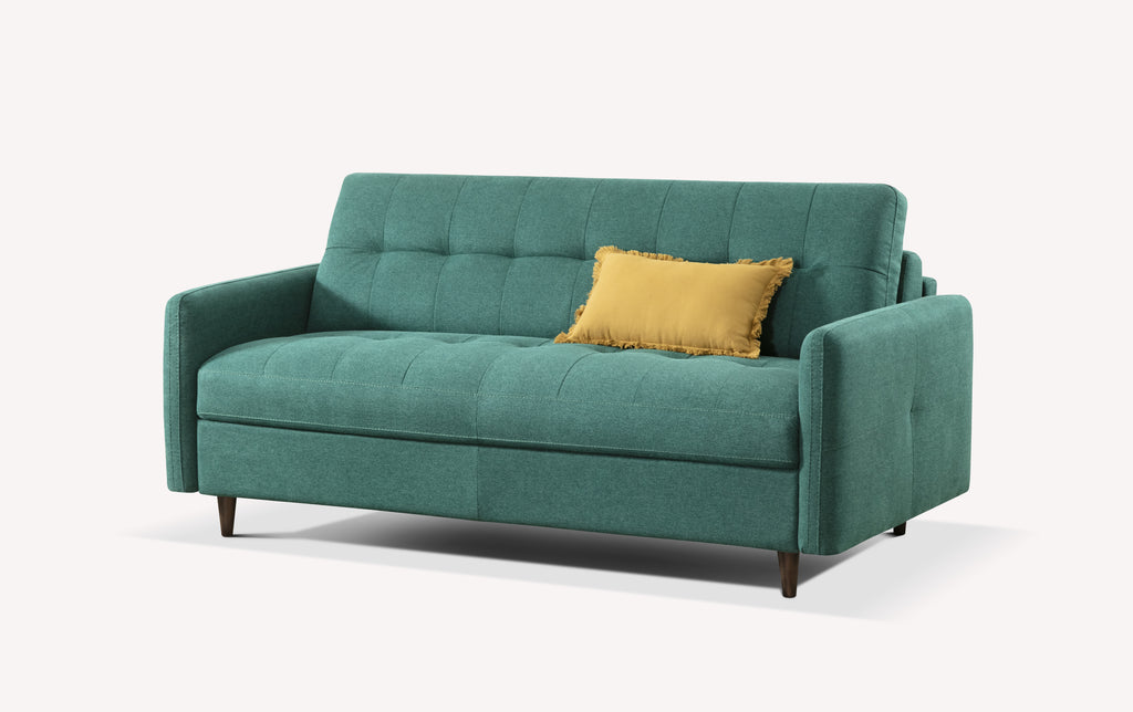 Canapé convertible Soho en tissu Austin couleur pétrole avec coussin jaune