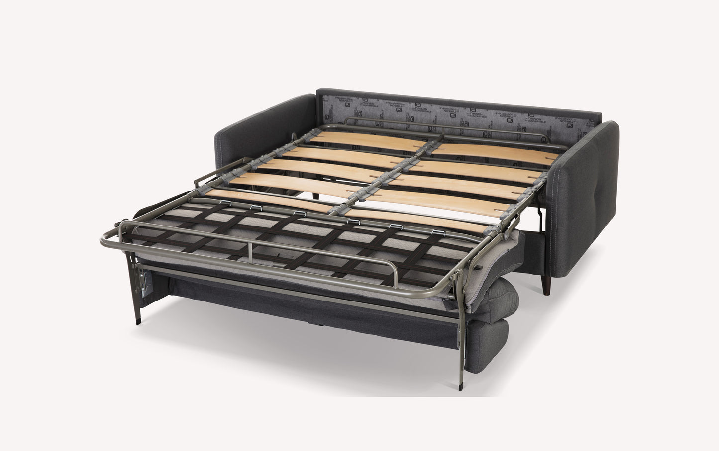 Sommier de canapé convertible Soho en tissu Austin Luna gris, déplié pour montrer la structure et les lattes en bois