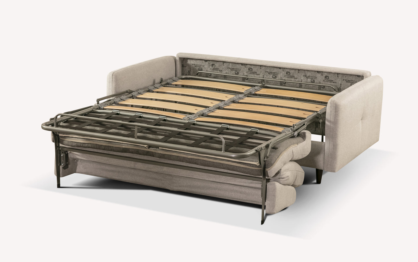 Sommier de canapé convertible Soho en tissu Austin Silver, déplié pour montrer la structure métallique et les lattes en bois