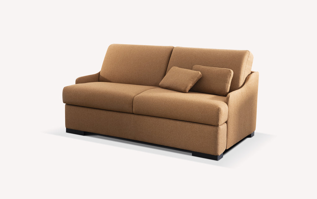 Canapé convertible en tissu Bentley ocre avec coussin assorti, design moderne et épuré