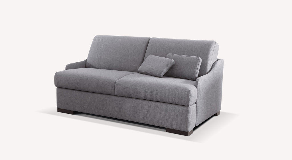 Canapé convertible gris en tissu Bentley, modèle Terra, avec coussins assortis