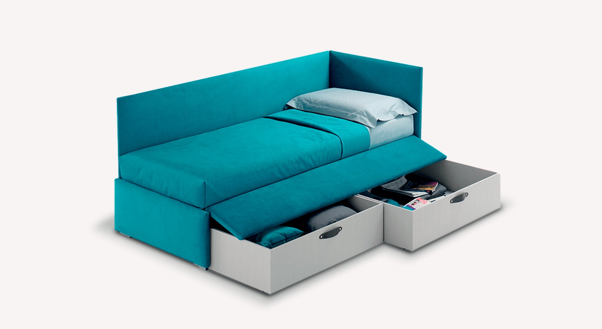 Lit gigogne Angolo en tissu bleu Alessia avec tiroirs de rangement ouverts