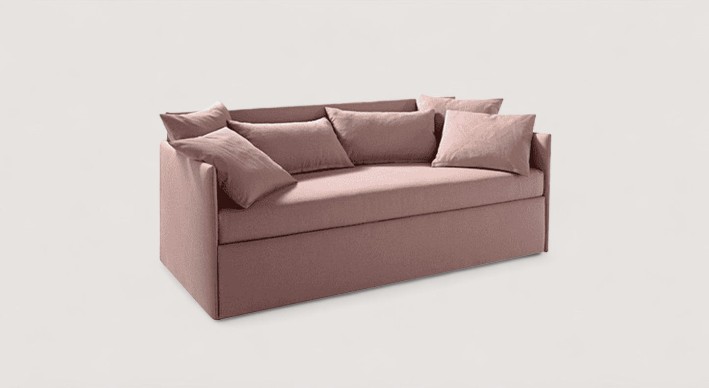 Lit gigogne rose avec coussins, modèle Divano 4, idéal pour optimiser l'espace