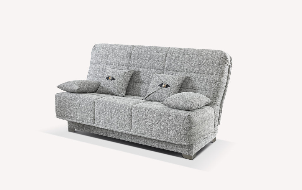 Canapé clic-clac en tissu gris Maya avec coussins décoratifs, modèle Lucien